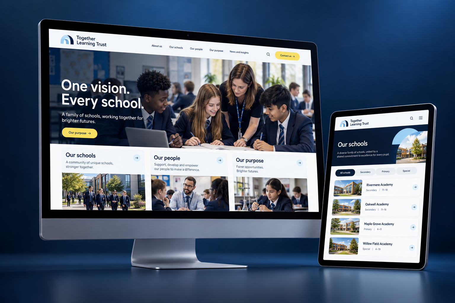Academy trust website design displayed on a desktop monitor and tablet