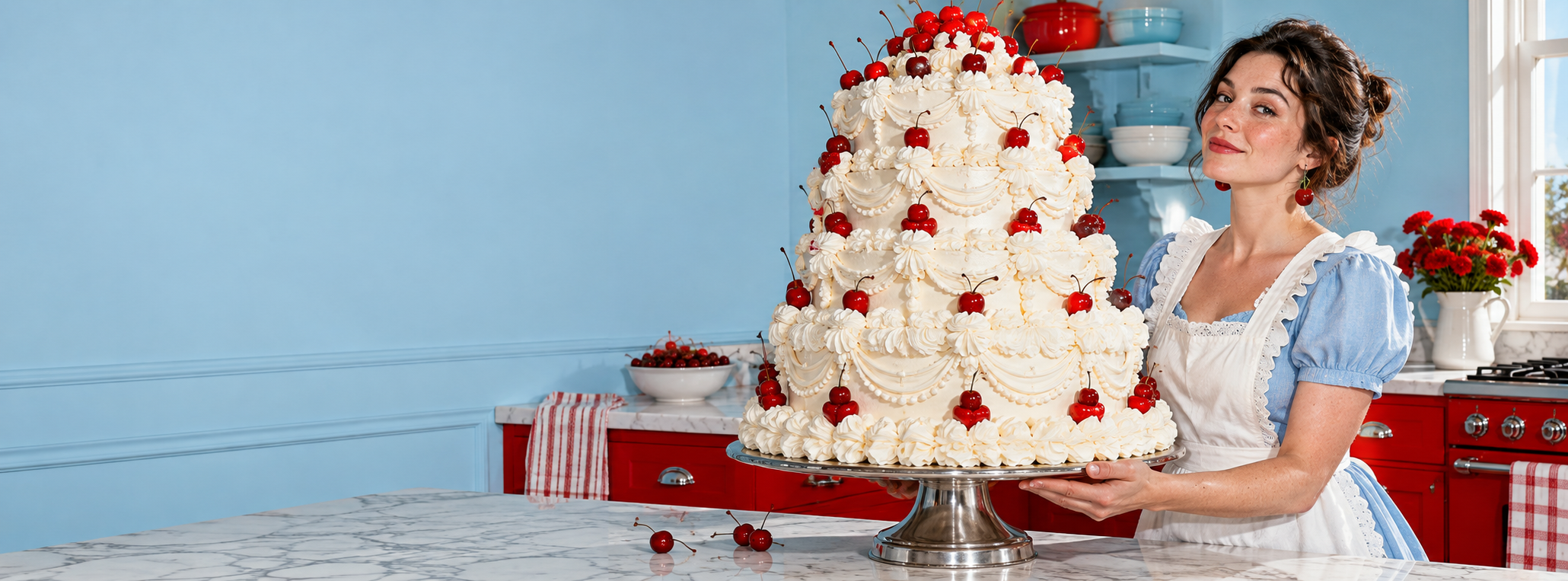 Content creator beside an oversized cherry-topped cake in a sky-blue and red kitchen