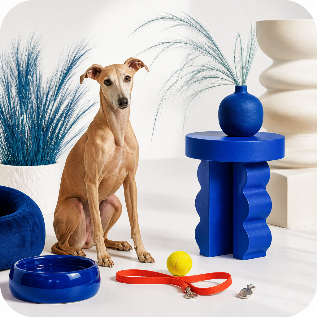Caramel whippet in a bright editorial studio with cobalt furniture, sculptural grasses, a blue bowl and a coral leash