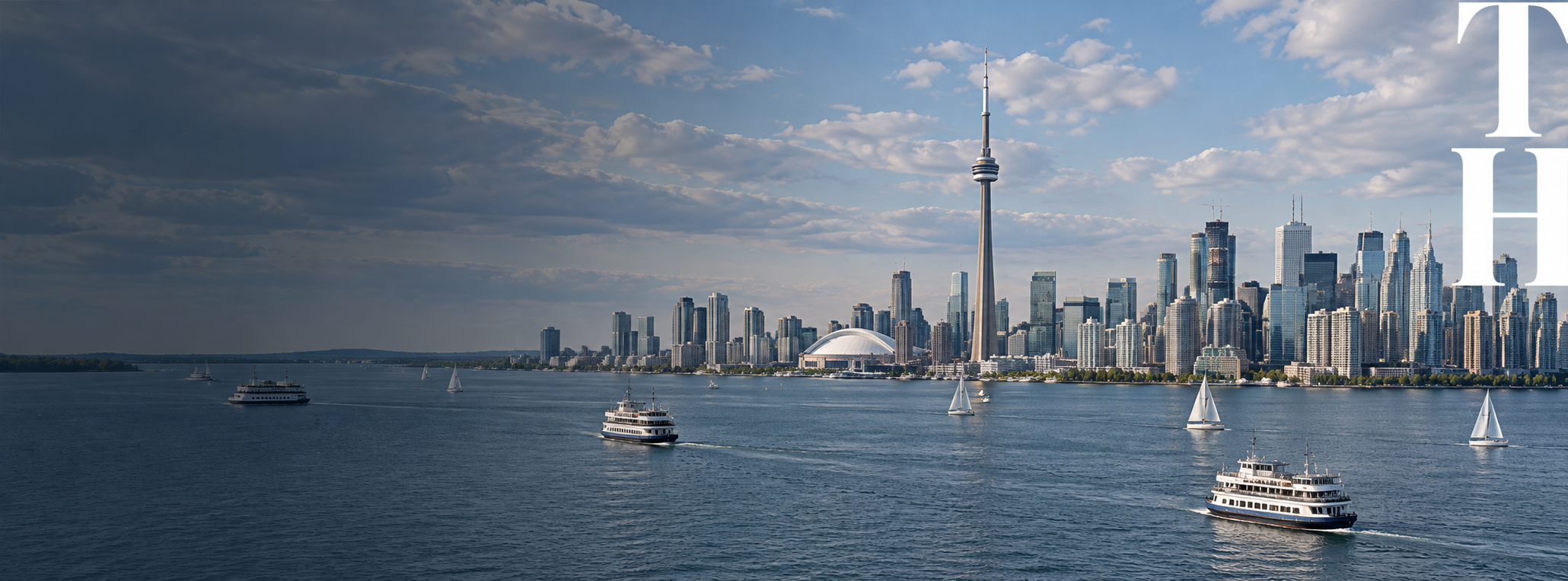 Toronto Harbour skyline with large white initials stacked at the upper right