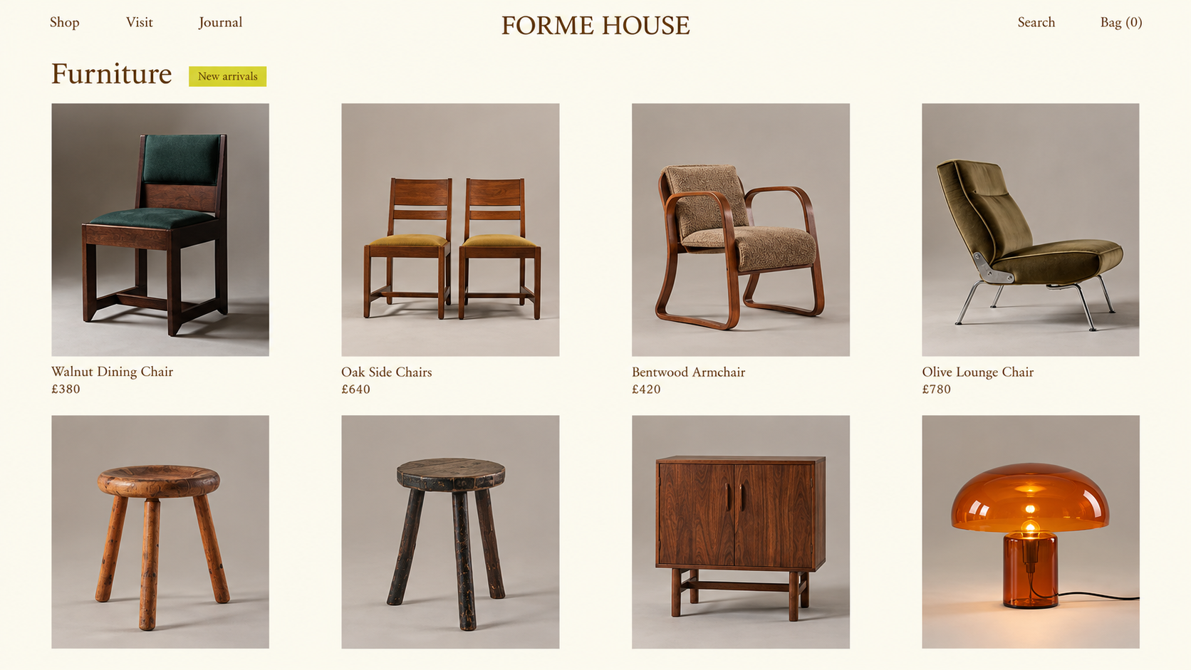 Forme House product collection showing vintage furniture and lighting