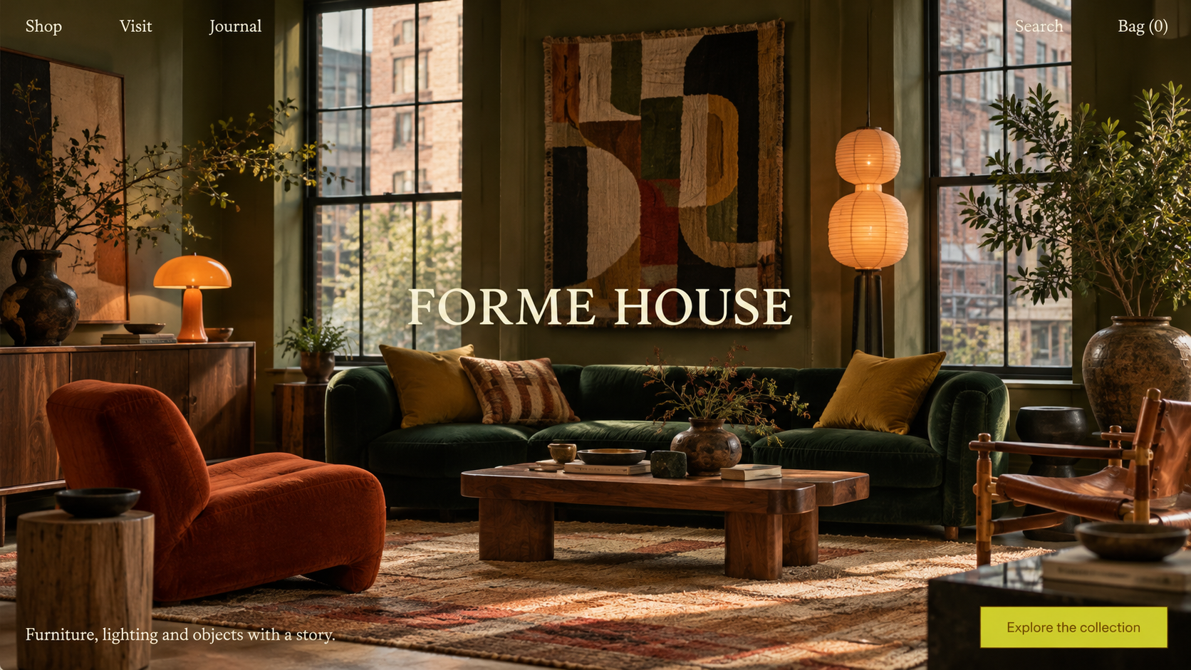 Forme House online shop homepage with a warm furniture showroom interior