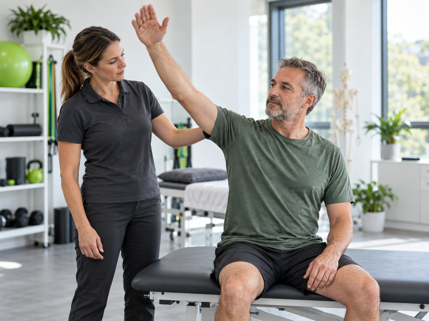 Physiotherapist supporting a patient with a shoulder mobility exercise in a bright clinic