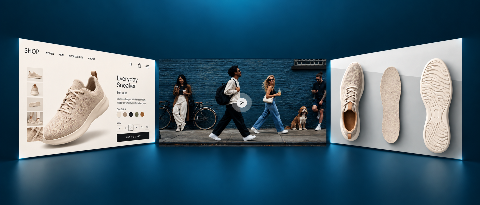 E-commerce shoe store project with product website, lifestyle photography and shoe design, presented in a three-panel tunnel