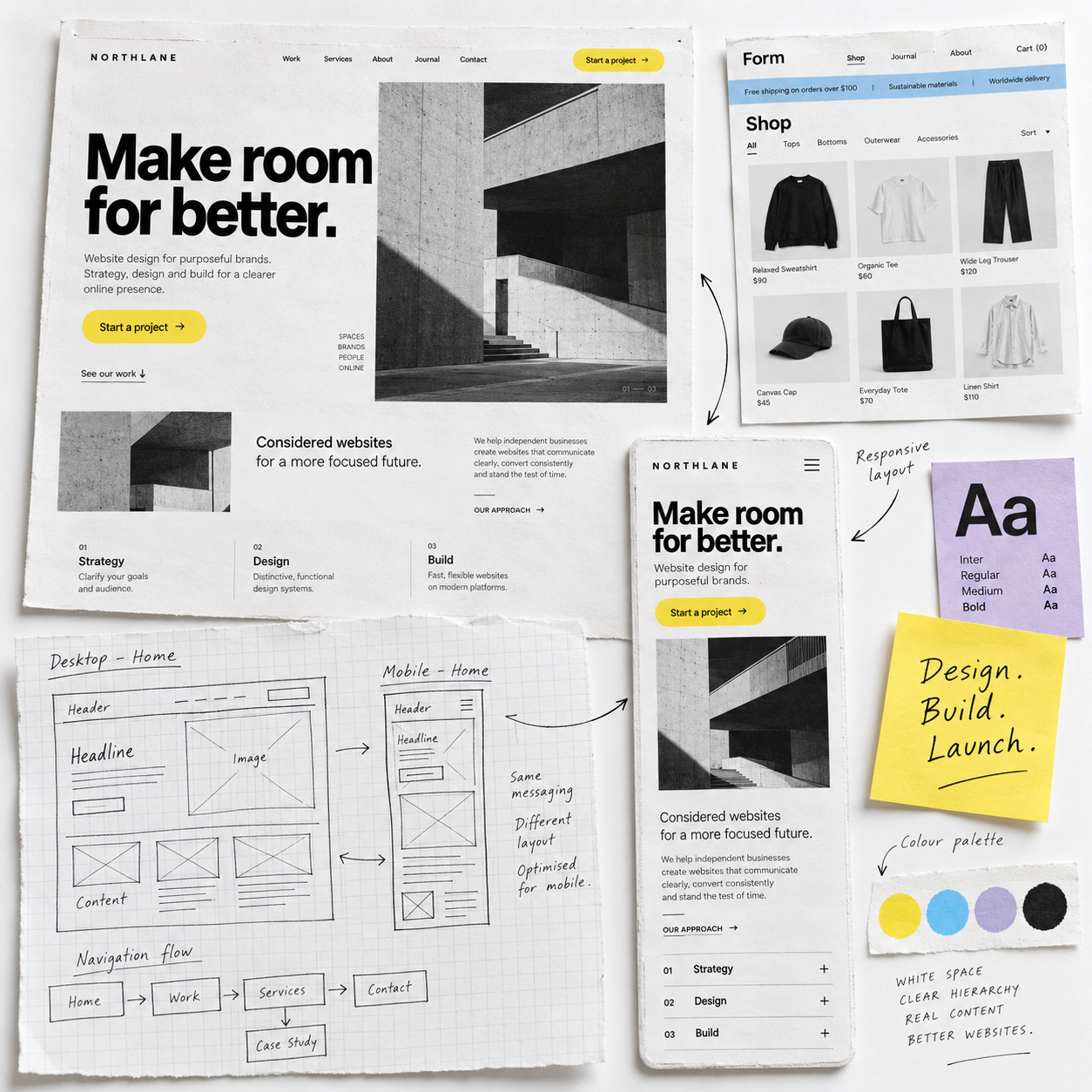 Website design process showing desktop and mobile layouts, wireframes and colour choices