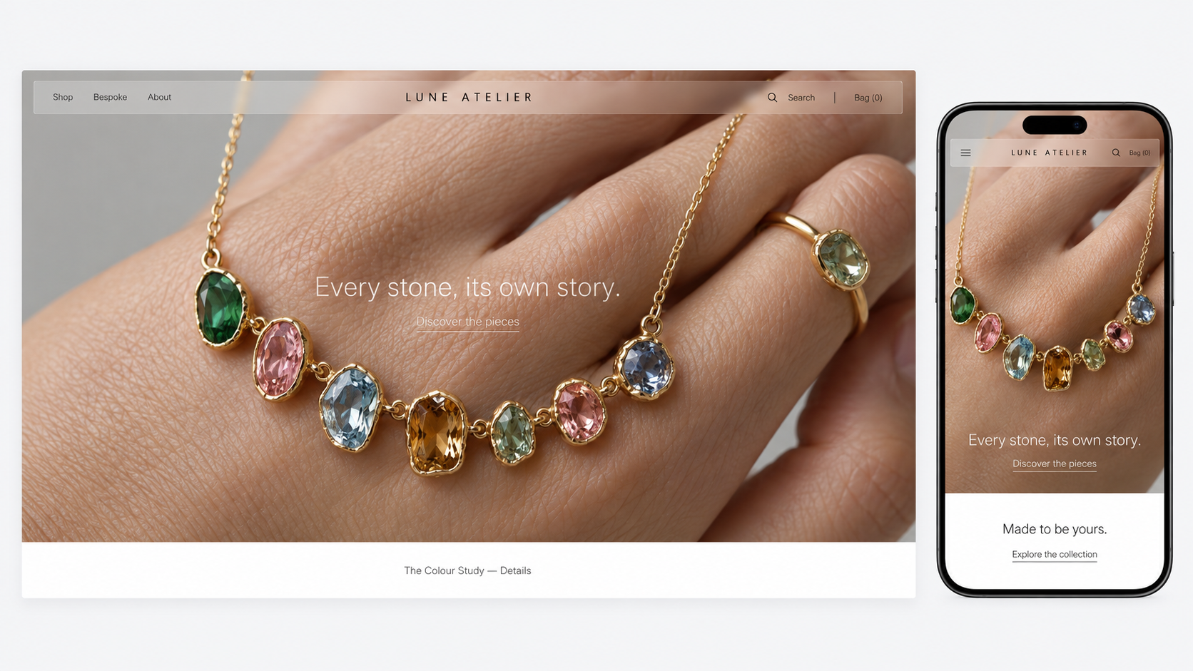 Lune Atelier jewellery website concept with a gemstone close-up