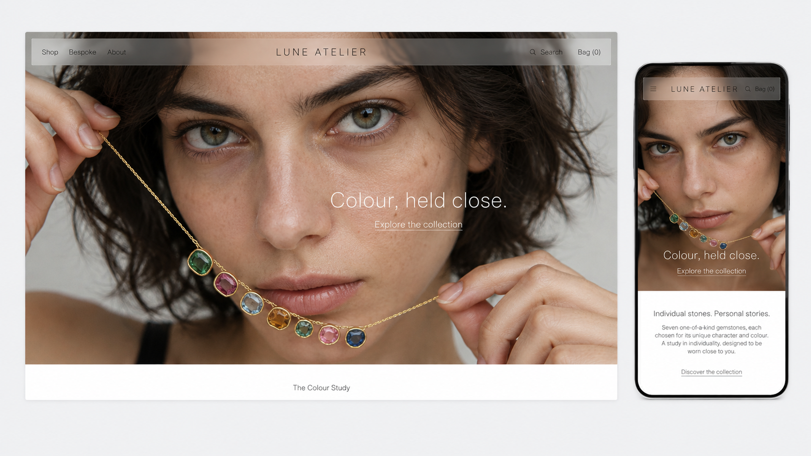Lune Atelier jewellery website concept on desktop and mobile